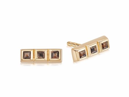 Triple Smokey Quartz Stud Earrings 18ct Gold Plate Fashion