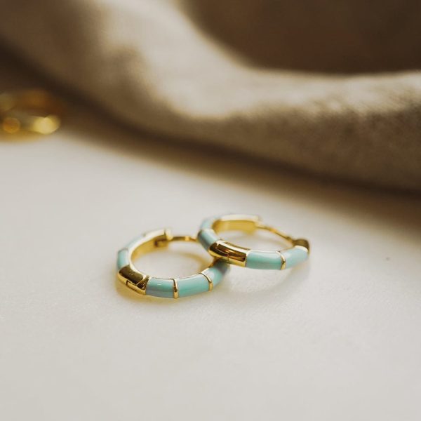 Turquoise Stripe Huggie Hoop Earrings 18ct Gold Plate Online now