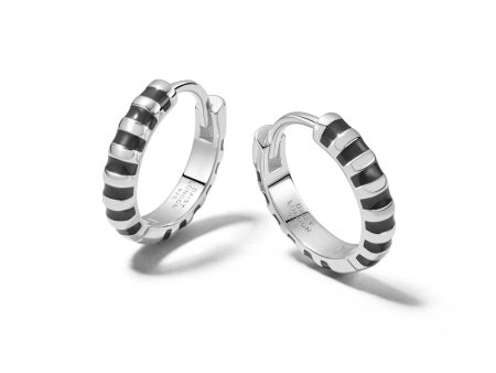 Black Fine Stripe Huggie Hoop Earrings Sterling Silver Online now