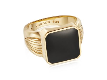 Bold Black Enamel Signet Ring 18ct Gold Plate Supply