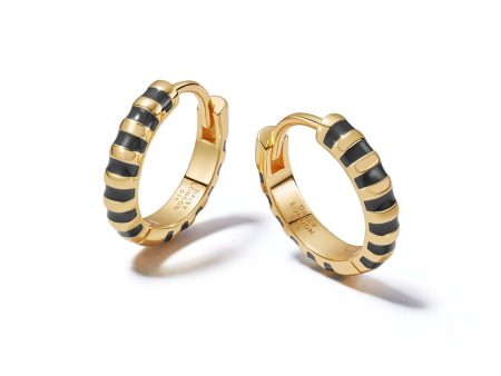 Black Fine Stripe Huggie Hoop Earrings 18ct Gold Plate on Sale