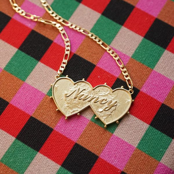 Shrimps Double Heart Personalised Necklace 18ct Gold Plate on Sale