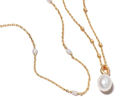 Double Pearl Necklace Layering Set 18ct Gold Plate For Sale