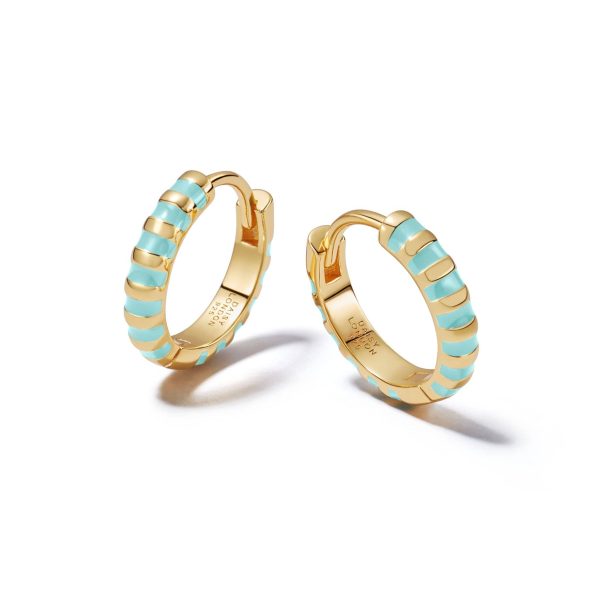 Turquoise Fine Stripe Huggie Hoop Earrings 18ct Gold Plate Discount