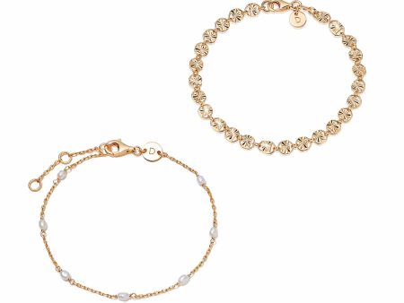 Sunburst Pearl Bracelet Stack 18ct Gold Plate Hot on Sale