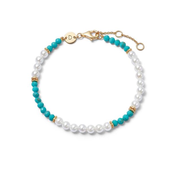 Pearl Turquoise Beaded Bracelet 18ct Gold Plate For Discount